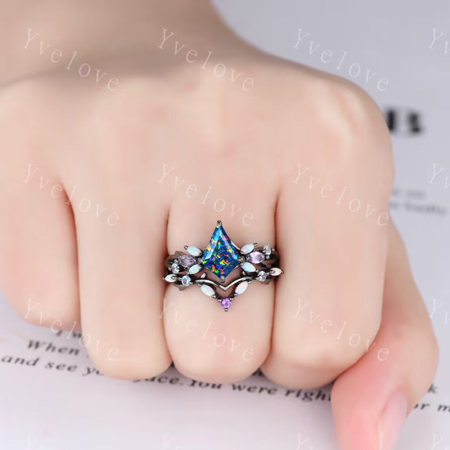 Black Opal Engagement Ring Set - Vintage Black Gold Vine Ring with Amethyst & Opal