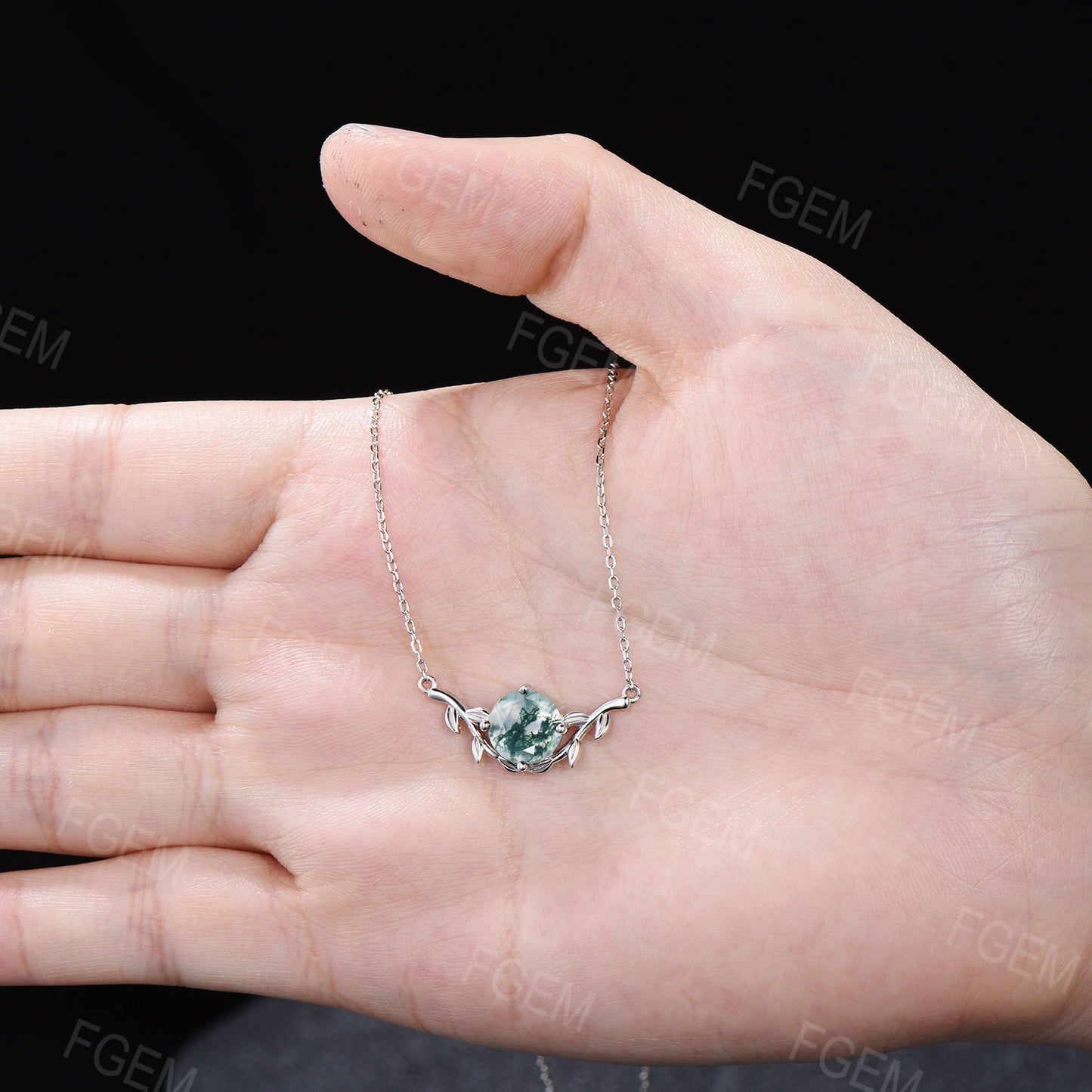 Nature Inspired Round Moss Agate Pendant Vintage Branch Leaf Green Moss Pendant Twig leaf Vine Moss Agate Jewelry Birthday Anniversary Gifts