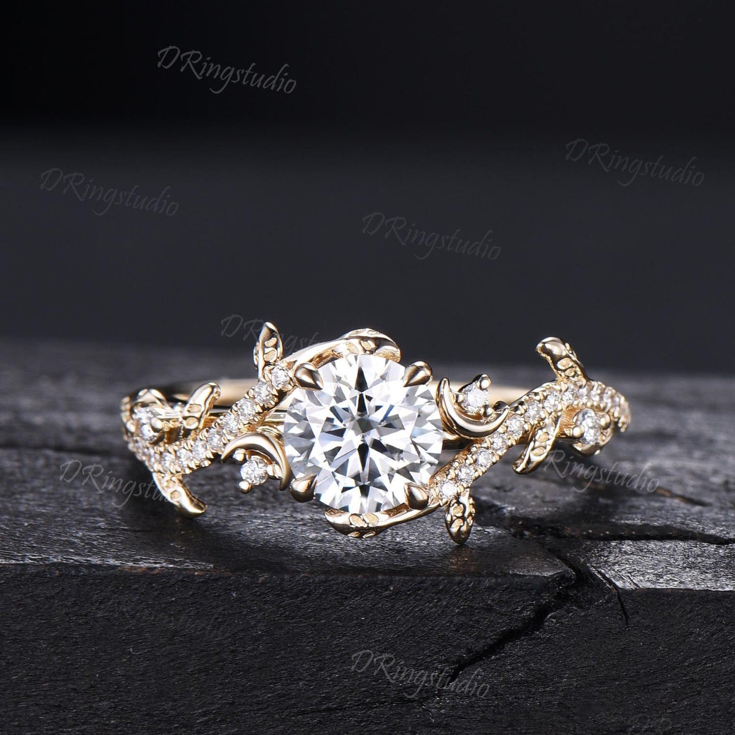 1ct Round Moissanite Wedding Ring Set Nature Inspired Moon Leaf Engagement Ring Set Solid 14k Yellow Gold Bridal Set Twig Ring Proposal Gift
