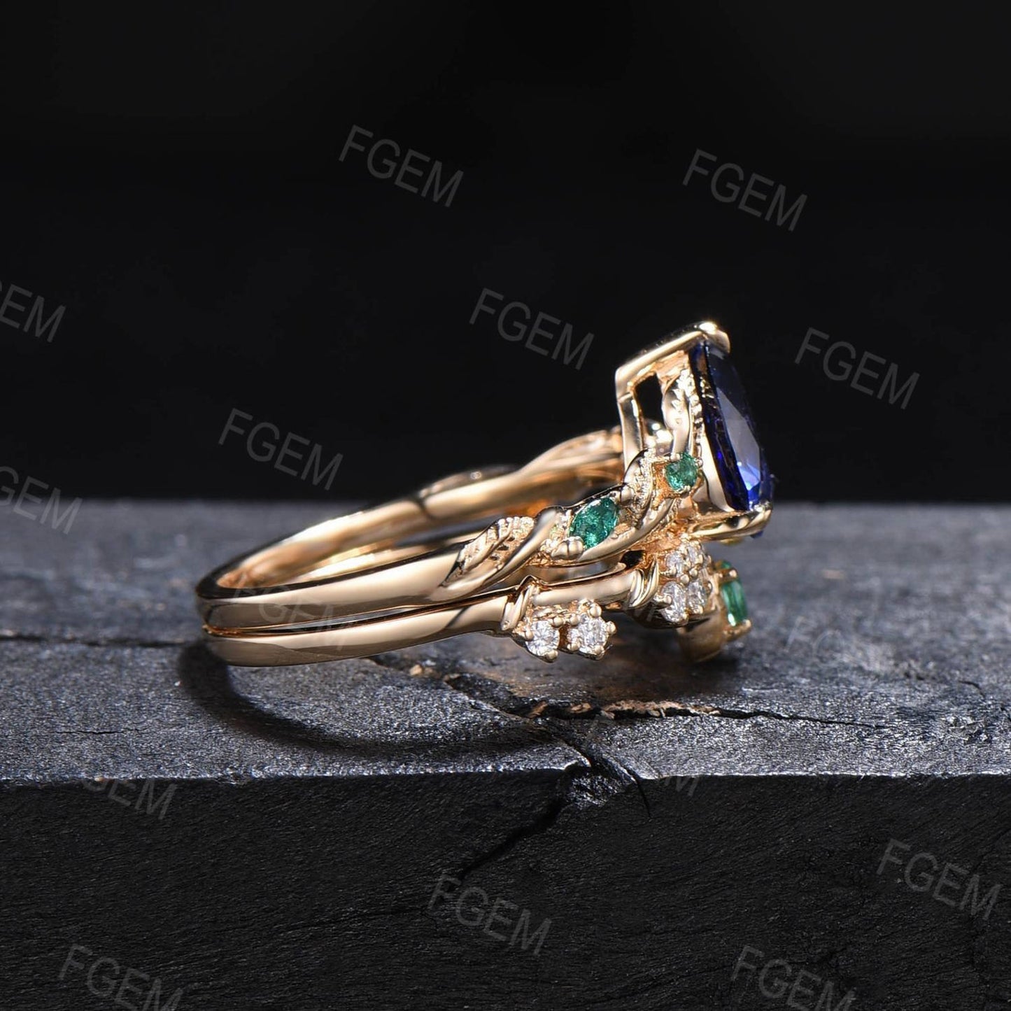 Twig Vine Blue Sapphire Engagement Ring Set Vintage Nature Inspired Pear Cut Blue Sapphire Emerald Promise Ring Antique Noble Gift for Women