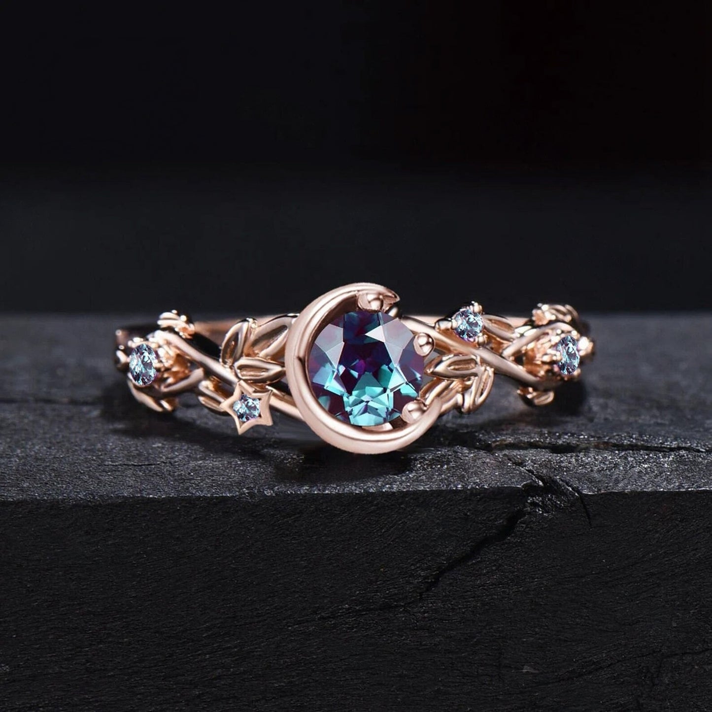 Nature Inspired Color-Change Alexandrite Amethyst Engagement Ring Moon Star Design Round Alexandrite Ring Branch Leaf Amethyst Wedding Ring