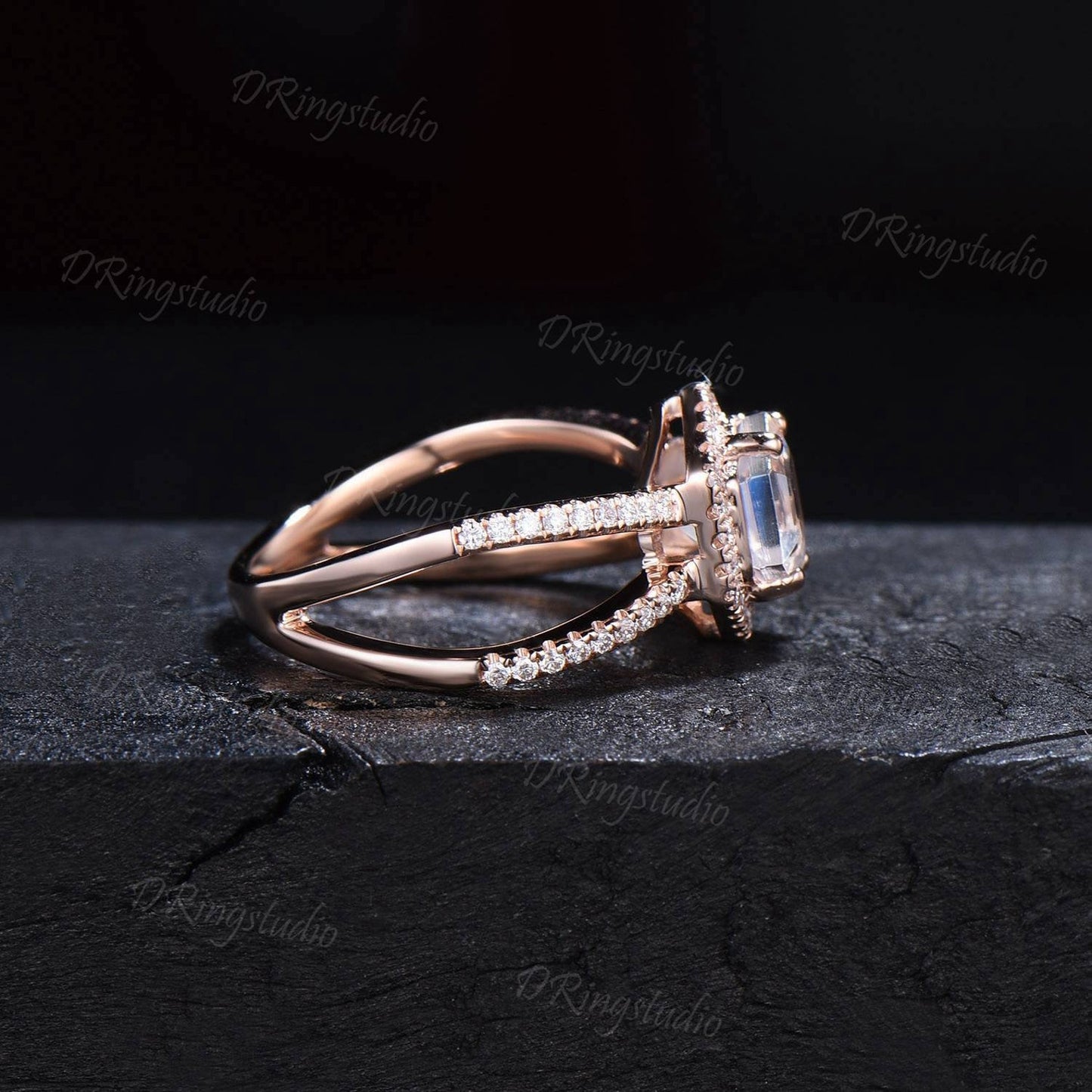 Hexagon Natural Moonstone Halo Engagement Ring Split Moissanite Ring Unique Half Eternity Moonstone Wedding Ring Art Pave Ring Gifts For Her