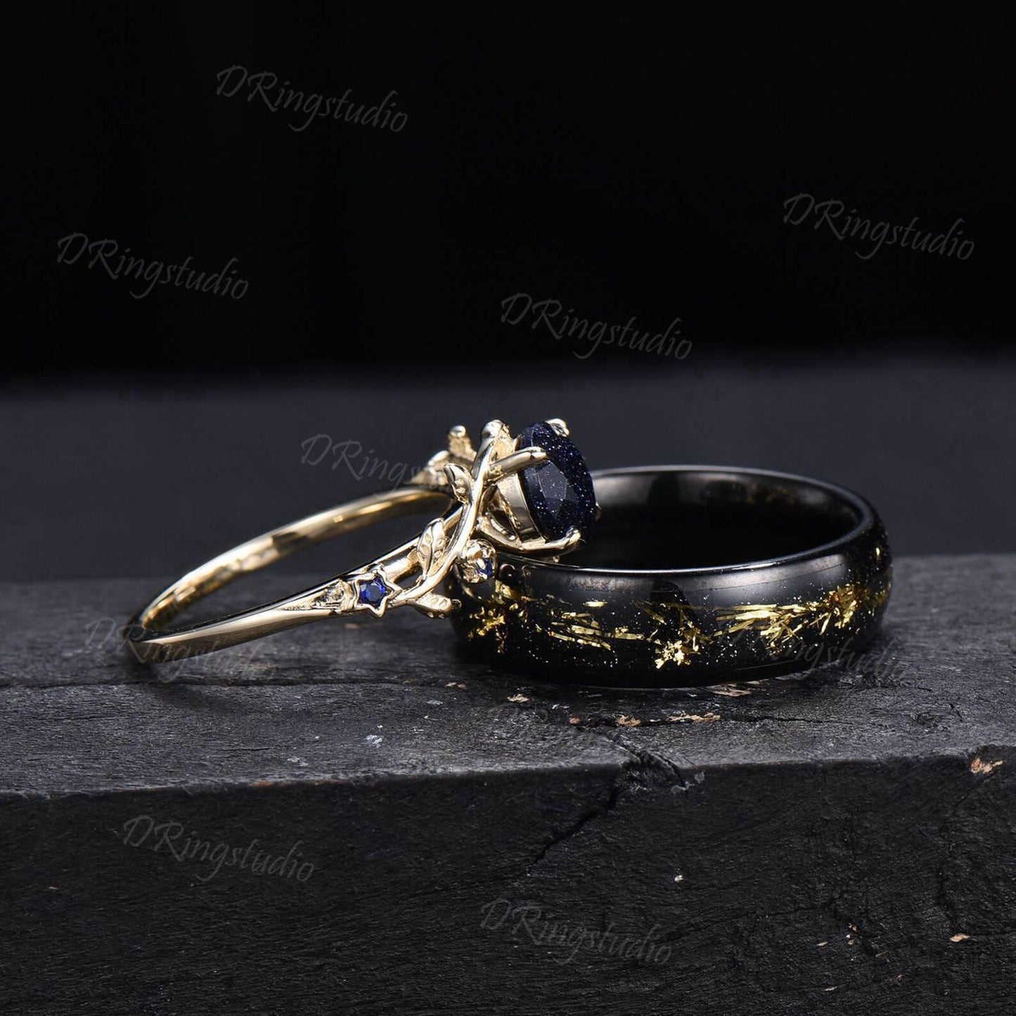 Starry Sky Blue Sandstone Couple Rings Set Vintage Gold Foil Tungsten Wedding Band 14k Gold Celestial Galaxy Engagement Ring for Her & Him