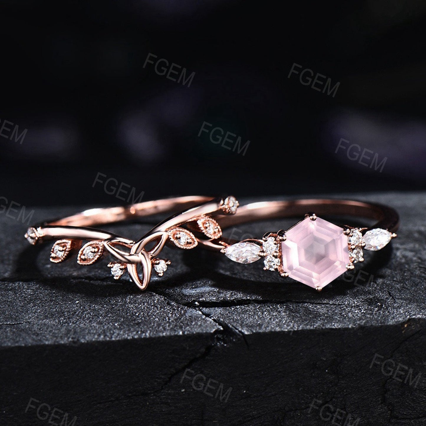 Natural Rose Quartz Ring Sterling Silver Bridal Ring Set Love Stone Ring Hexagon Engagement Ring Pink Crystal Ring Gift for Couple