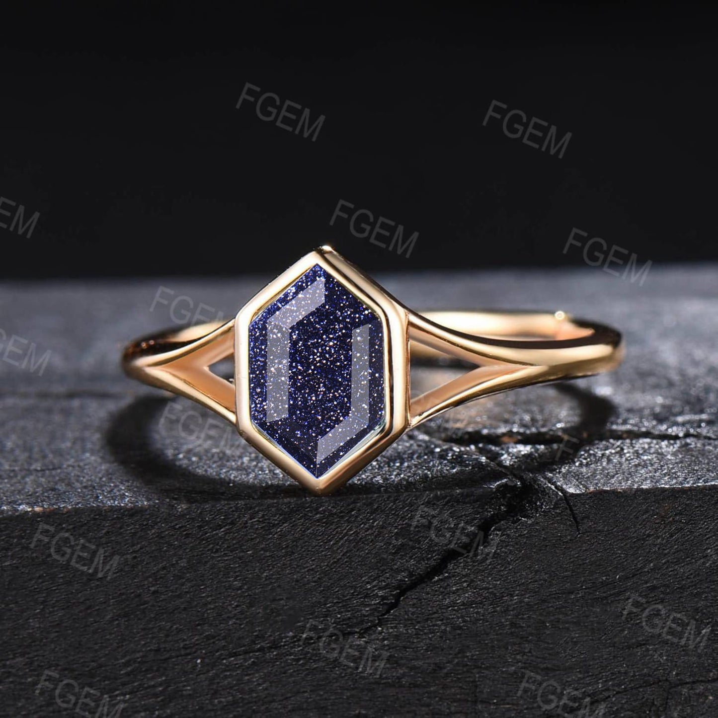 Unique Long Hexagon Cut Blue Sandstone Solitaire Ring Vintage 14K Yellow Gold Galaxy Blue Goldstone Engagement Ring Art Deco Handmade Gifts
