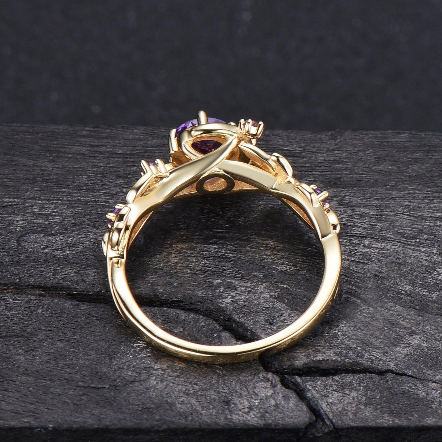 Moon Star Round Cut Ametrine Engagement Ring Rose Gold Nature Inspired Leaf Ring Cluster Citrine Amethyst Wedding Ring Ametrine Crystal Ring
