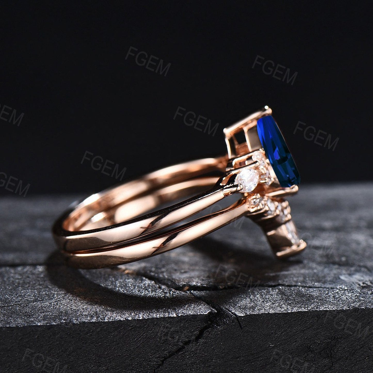 Sterling Silver Blue Sapphire Engagement Ring Set Vintage 1.25ct Pear Shaped Blue Sapphire Bridal Set September Birthstone Gift Promise Ring