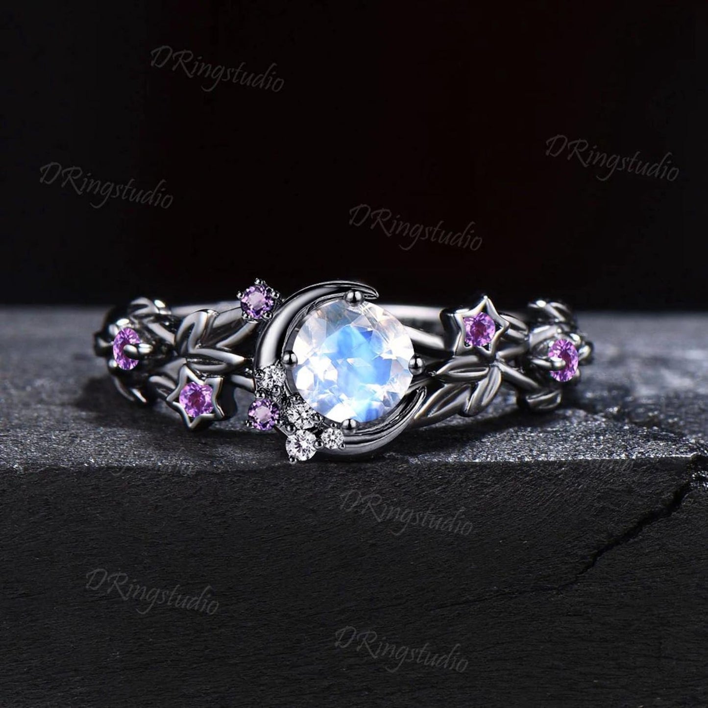 Black Gold Galaxy Round Moonstone Engagement Ring Witchy Nebula Moon Star Wedding Ring Cluster Amethyst Bridal Promise Ring Anniversary Gift