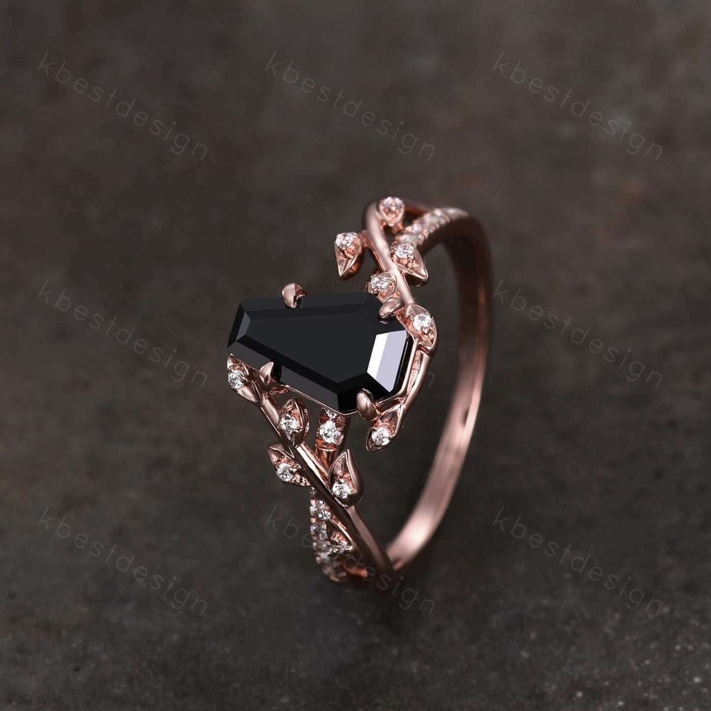 Coffin cut black onyx engagement ring Rose gold ring Art deco twig leaf moissanite wedding ring nature inspired ring bridal promise ring
