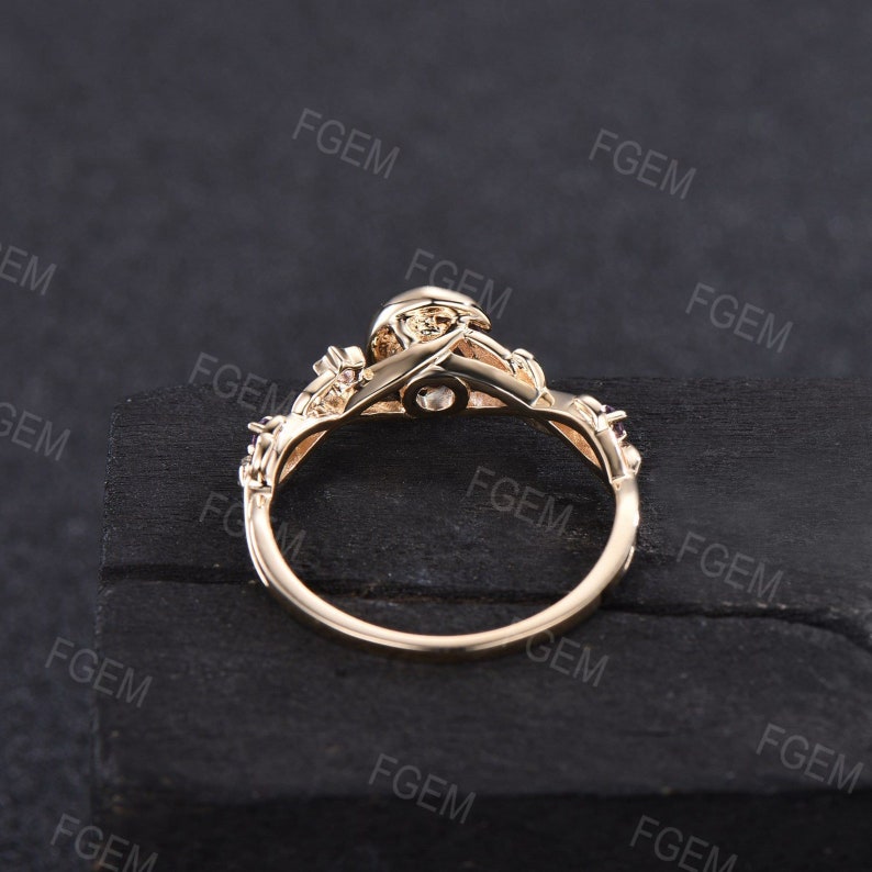 Nature Inspired Green Emerald Engagement Ring 10K Yellow Gold Moon Star Design Round Emerald Promise Ring Branch Leaf Cluster Wedding Ring