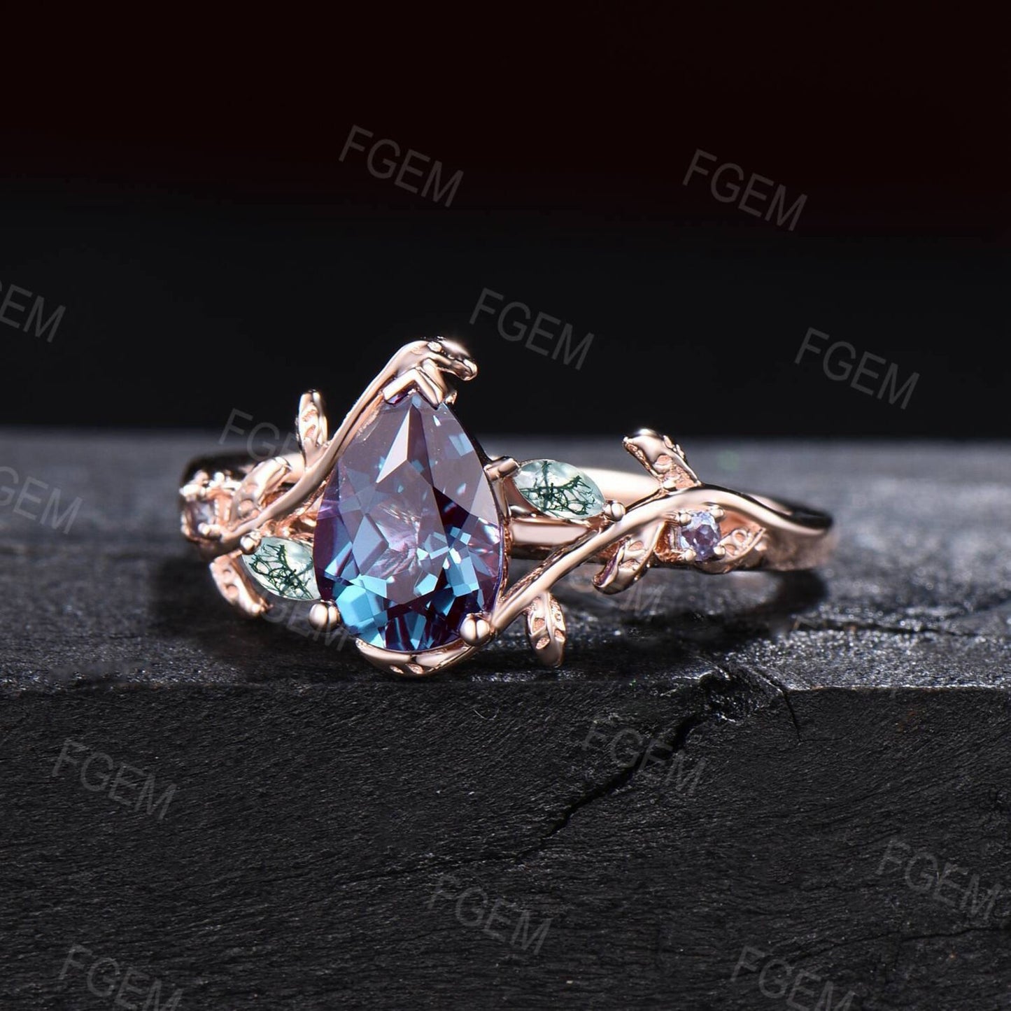1.25ct Pear Nature Inspired Branch Color-Change Alexandrite Wedding Ring 10K Rose Gold Cluster Moss Agate Ring Unique June Birthstone Gifts
