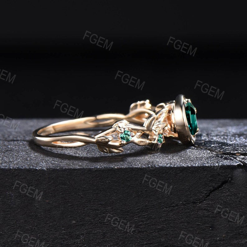 Nature Inspired Green Emerald Engagement Ring 10K Yellow Gold Moon Star Design Round Emerald Promise Ring Branch Leaf Cluster Wedding Ring