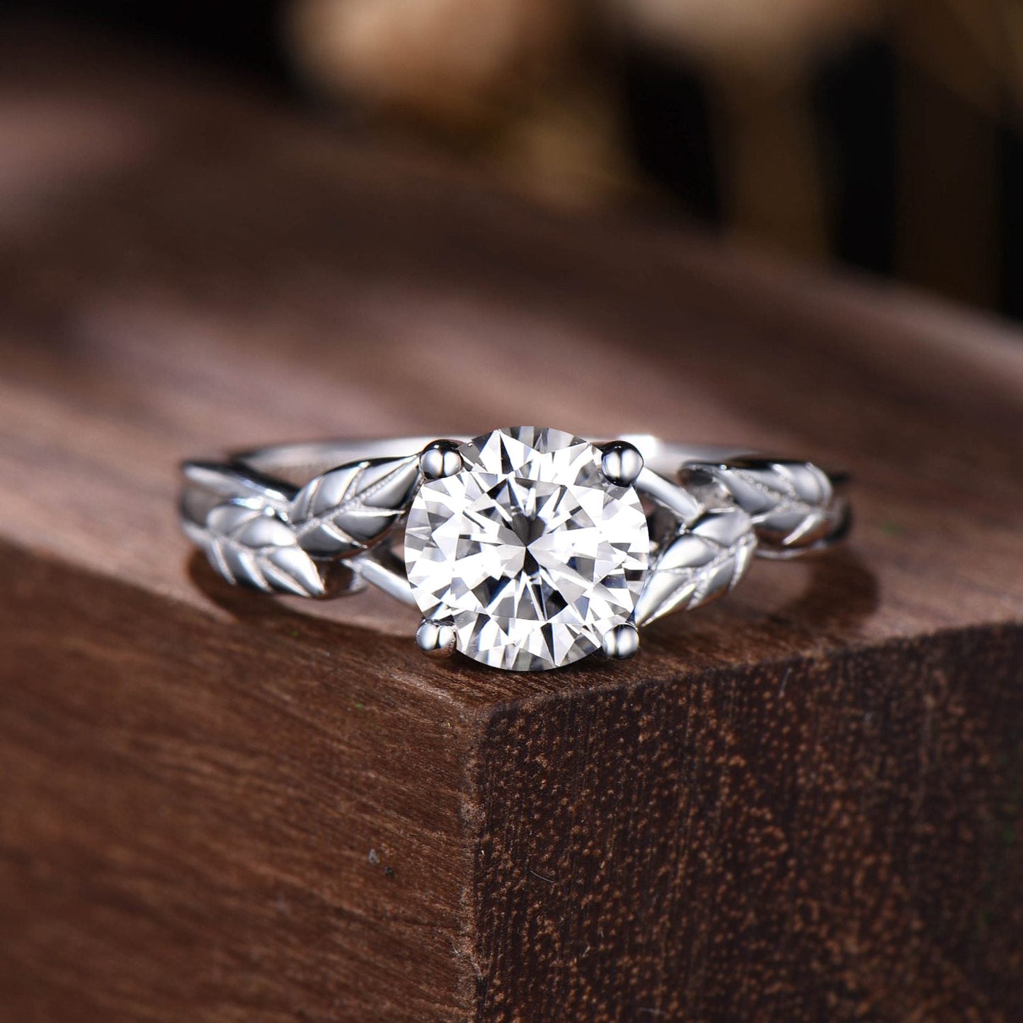 1ct Round Moissanite Engagement Ring Vintage Nature Inspired Moissanite Diamond Rings Leaf Branch Wedding Ring Unique Solitaire Promise Ring