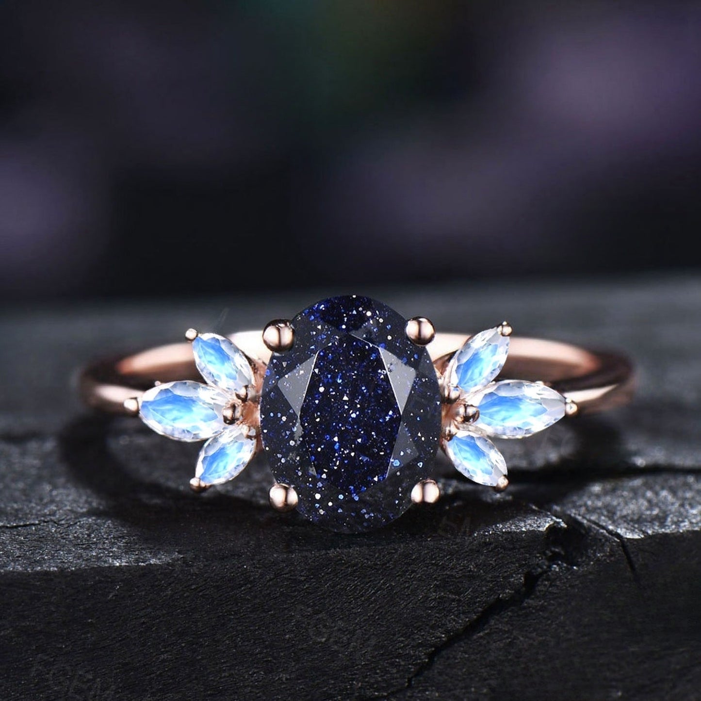 1.5ct Oval Cut Blue Sandstone Cluster Engagement Rings Galaxy Starry Sky Ring Black Gemstone Ring Unique Handmade Proposal Gifts for Women