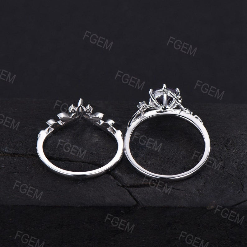 1ct Hexagon Ruby Bridal Set 10K White Gold Nature Inspired Twig Leaf Red Ruby Engagement Rings July Birthstone Gift Celtic Knot Wedding Ring