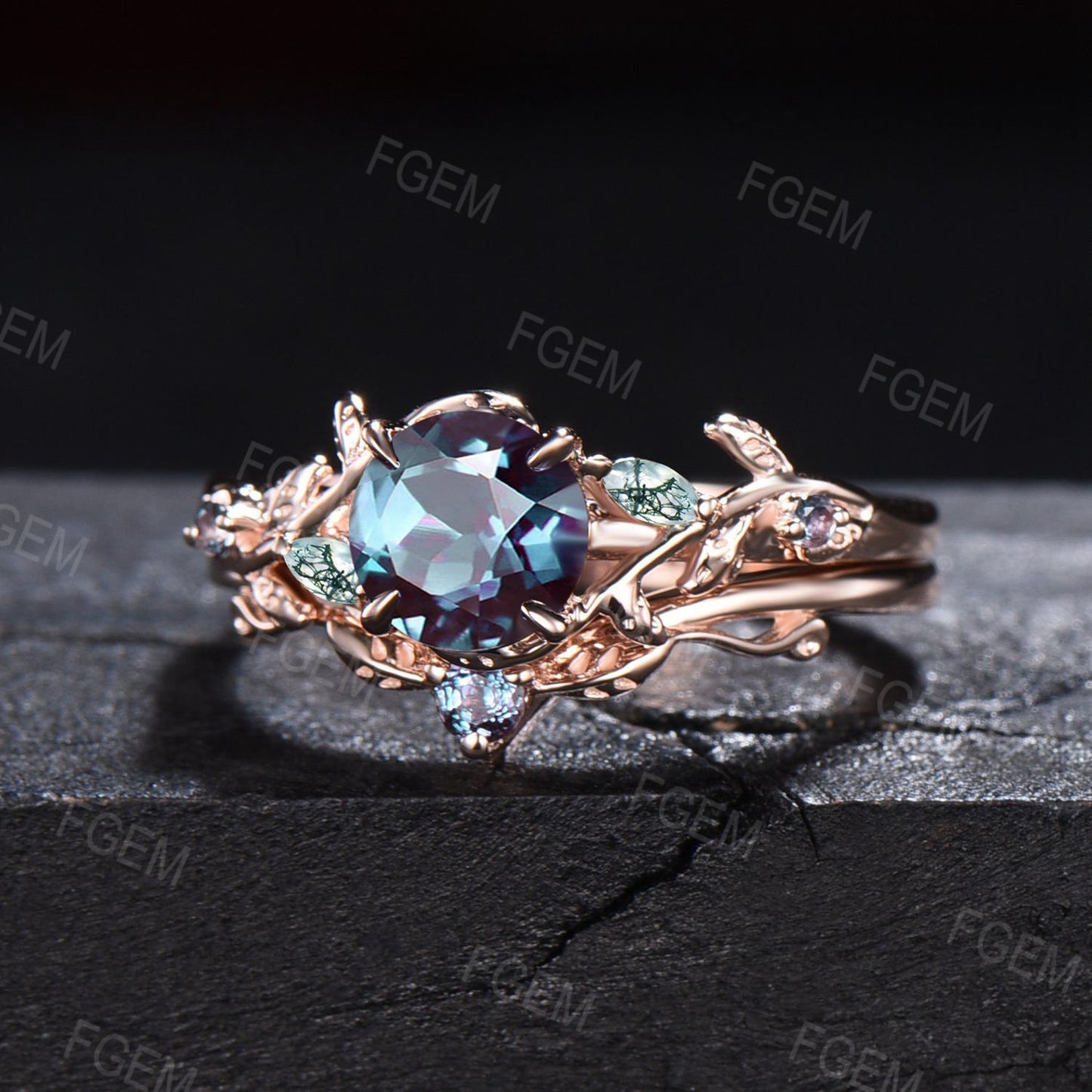 1ct Round Nature Inspired Color-Change Alexandrite Ring Rose Gold Cluster Moss Agate Engagement Ring Vintage Branch Alexandrite Bridal Sets
