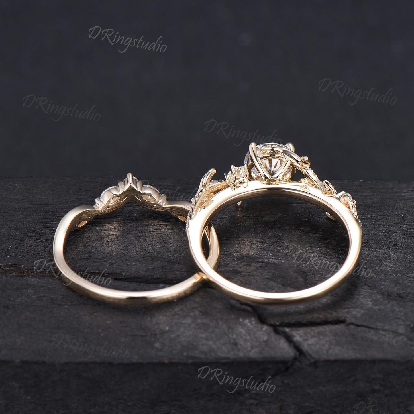 1ct Round Moissanite Wedding Ring Set Nature Inspired Moon Leaf Engagement Ring Set Solid 14k Yellow Gold Bridal Set Twig Ring Proposal Gift