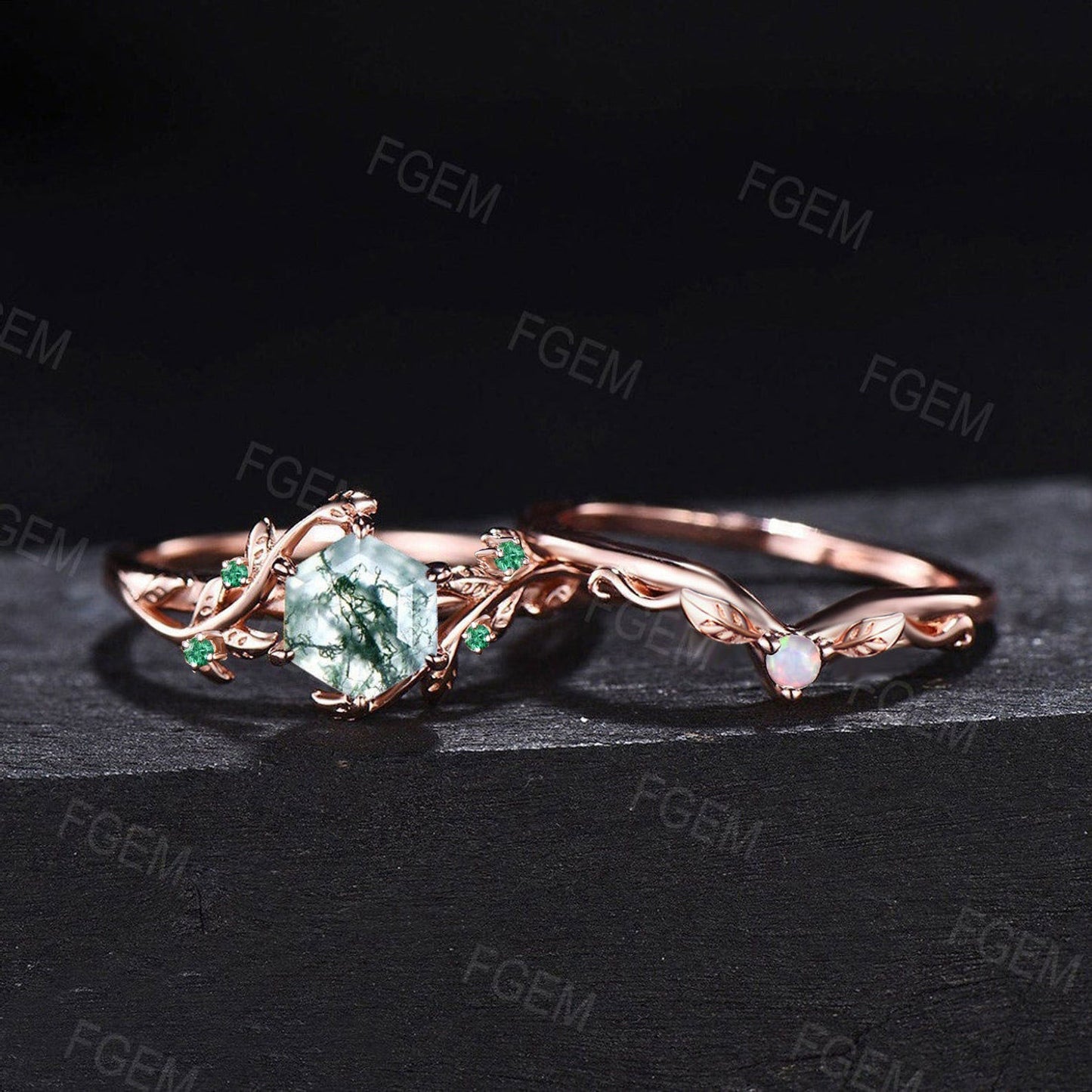 1ct Hexagon Cut Natural Moss Agate Leaf Wedding Ring Set 14k Rose Gold Vintage Branch Emerald Opal Bridal Set Unique Promise Gifts