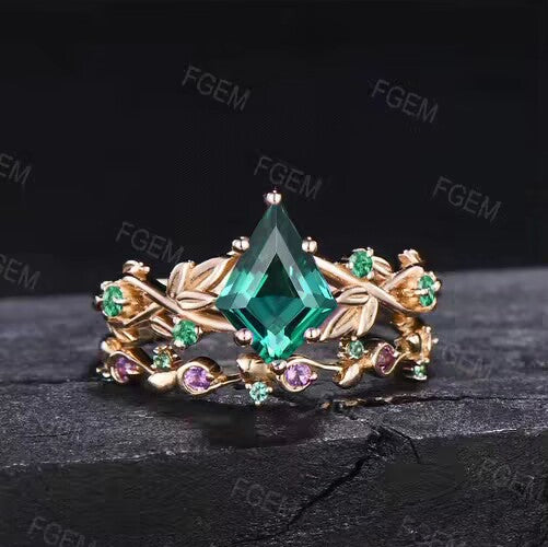 Twig Leaf Kite Cut Green Emerald Engagement Ring Set 14k Rose Gold Branch Nature Emerald Amethyst Bridal Set Vintage Proposal Gift for Women