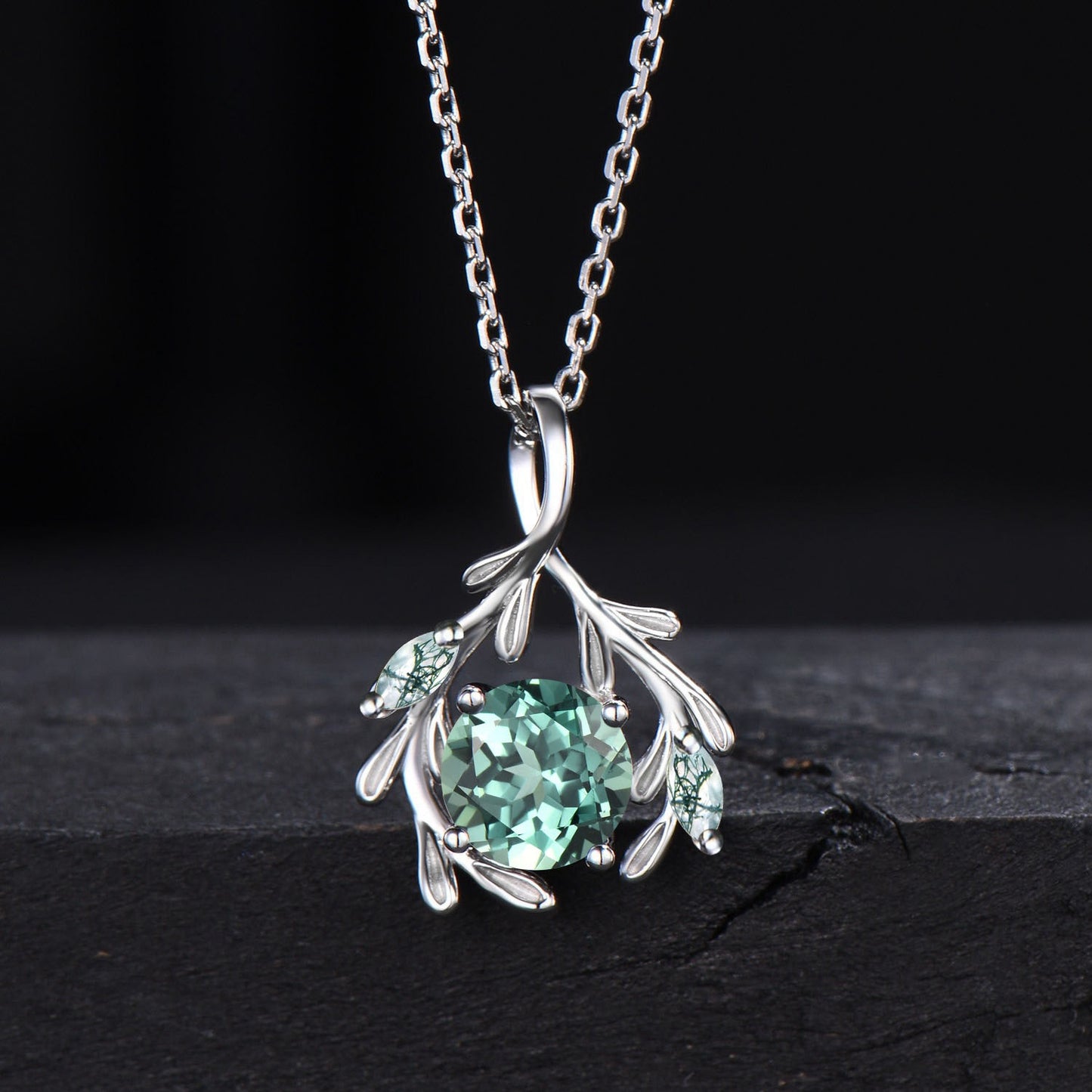 Round Green Sapphire Necklace Branch Leaf Vine Teal Sapphire Bridal Necklace 14k/18k White Gold Moss Agate Wedding Pendant Gifts for Women