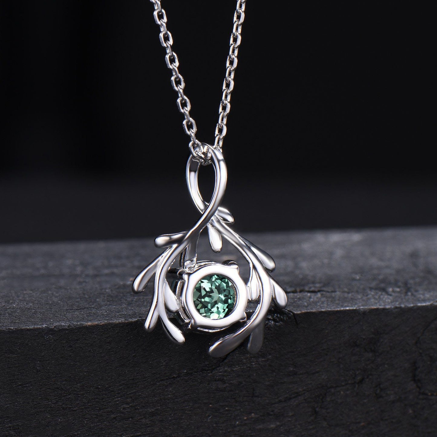 Round Green Sapphire Necklace Branch Leaf Vine Teal Sapphire Bridal Necklace 14k/18k White Gold Moss Agate Wedding Pendant Gifts for Women