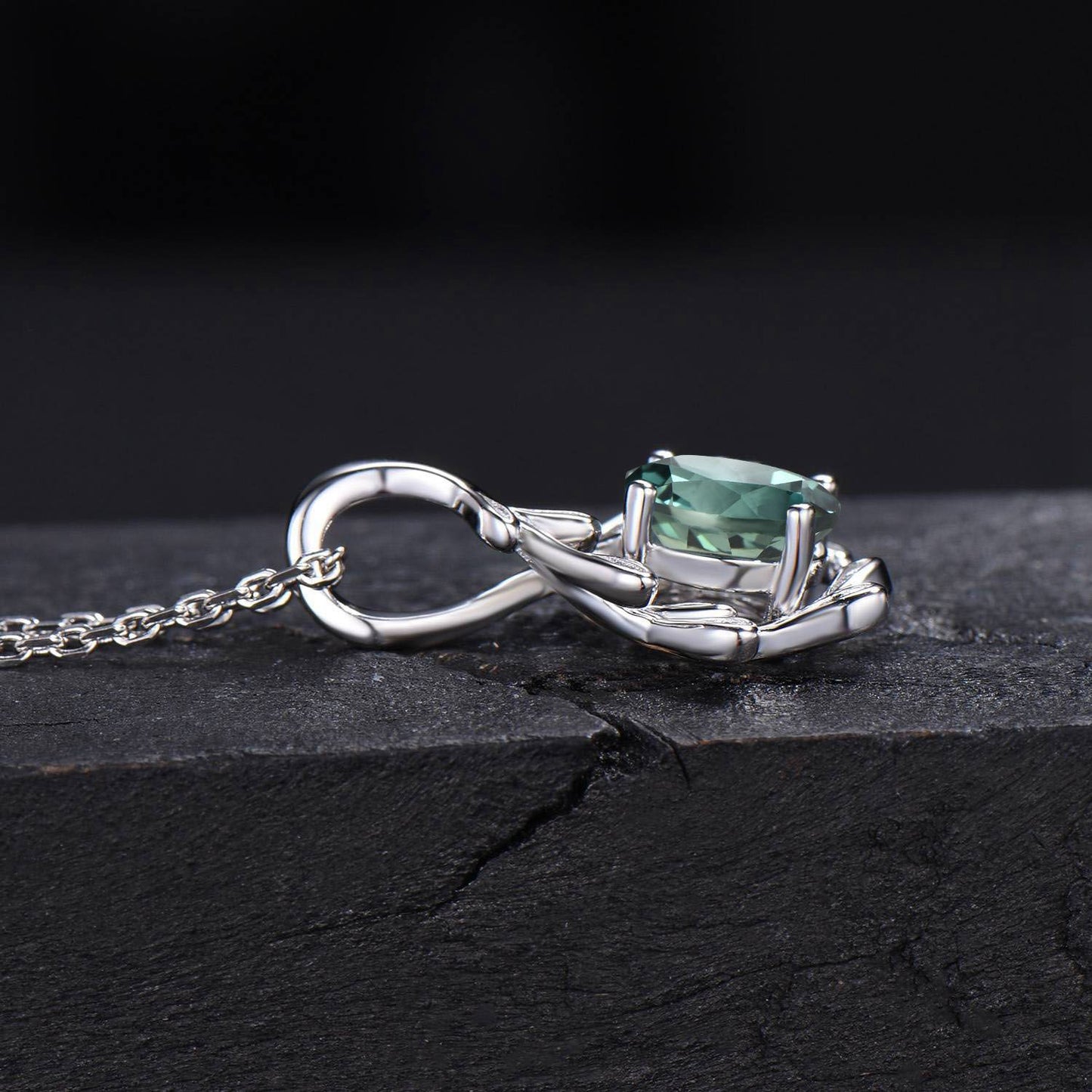Round Green Sapphire Necklace Branch Leaf Vine Teal Sapphire Bridal Necklace 14k/18k White Gold Moss Agate Wedding Pendant Gifts for Women