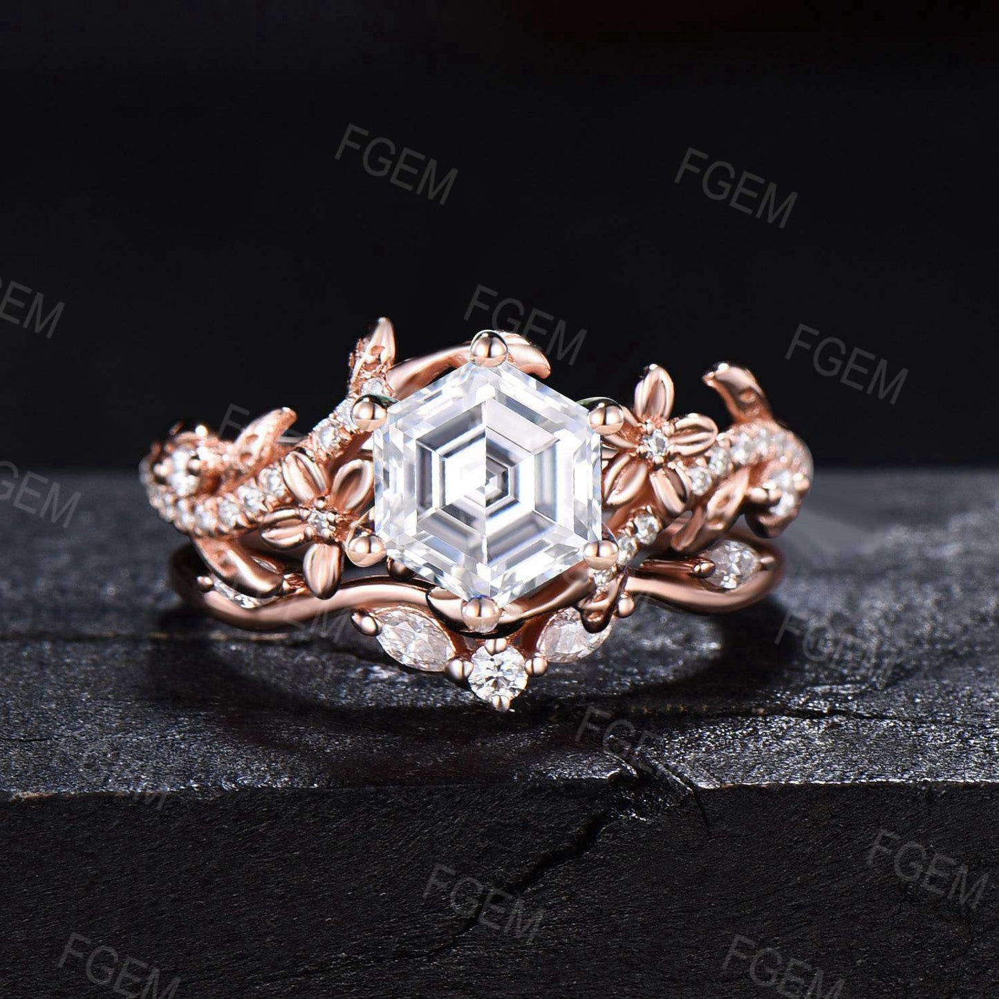 Rose Gold Flower Engagement Ring Dainty Twig Teardrop Moissanite Engagement Ring Set 14k Gold Leaf Vine Ring Unique Cluster Moissanite Ring