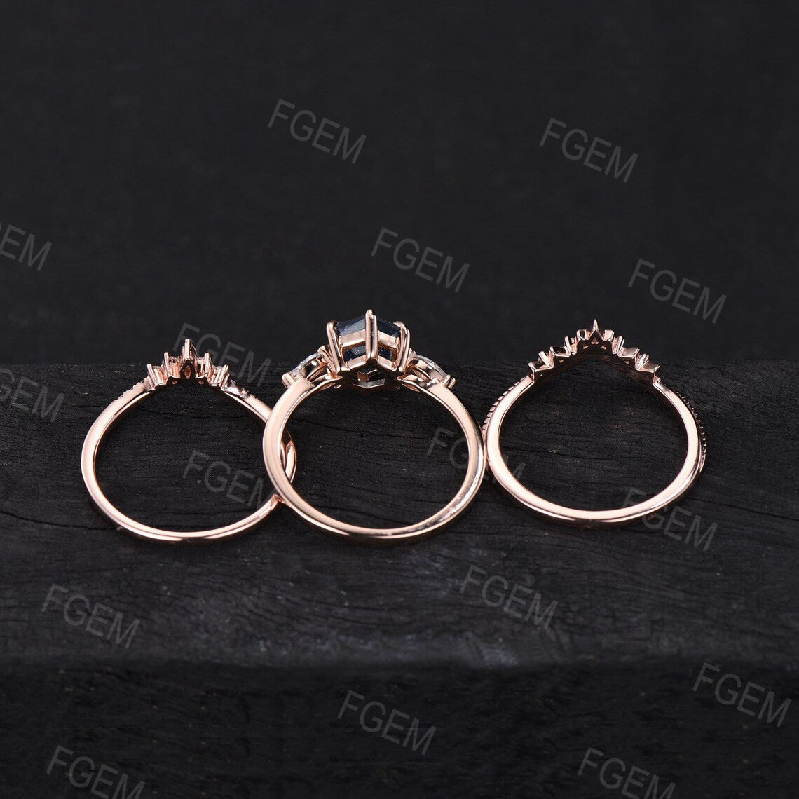 3pcs Hexagon Cut Natural Black Rutilated Quartz Ring Set Vintage Black Spinel Wedding Band Unique Wedding Gift for Women Black Stone Jewelry