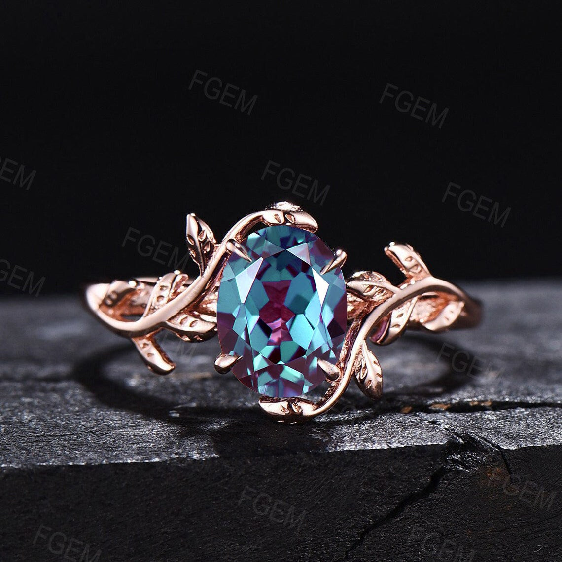 1.5ct Nature Inspired Ring Set Oval Cut Color-Change Alexandrite Engagement Rings Leaf Vine Ring Unique Solitaire Ring June Birthstone Gifts