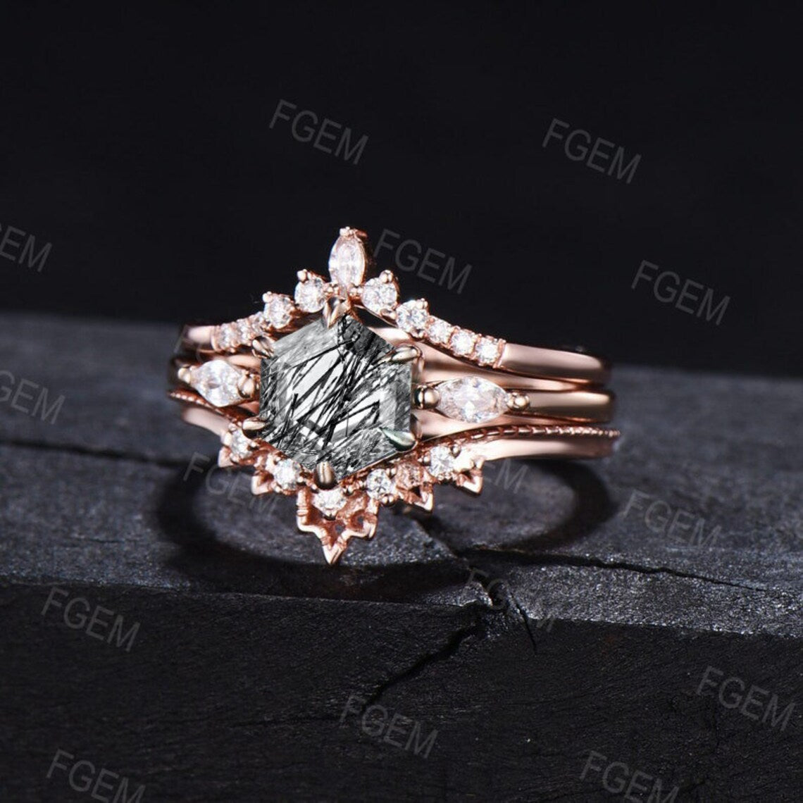 3pcs Black Bridal Set Hexagon Natural Black Rutilated Quartz Engagement Ring CZ Diamond Stacking Matching Wedding Band Black Stone Jewelry