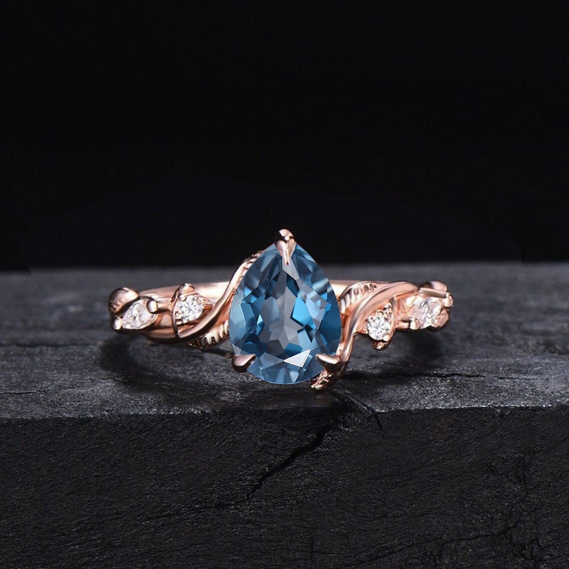 Nature Inspired London Blue Topaz Ring Set Twig Vine Twisted Wedding Band Blue Gemstone December Birthstone Jewelry Moissanite Promise Ring