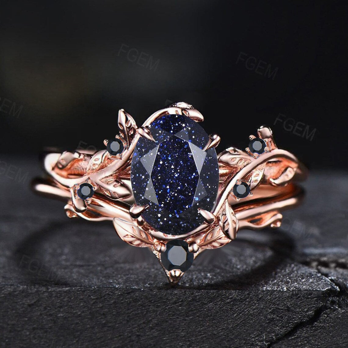 Nature Inspired Starry Sky Galaxy Blue Sandstone Engagement Ring Set Branch Leaf Wedding Band Cluster Black Ring Blue Goldstone Bridal Set