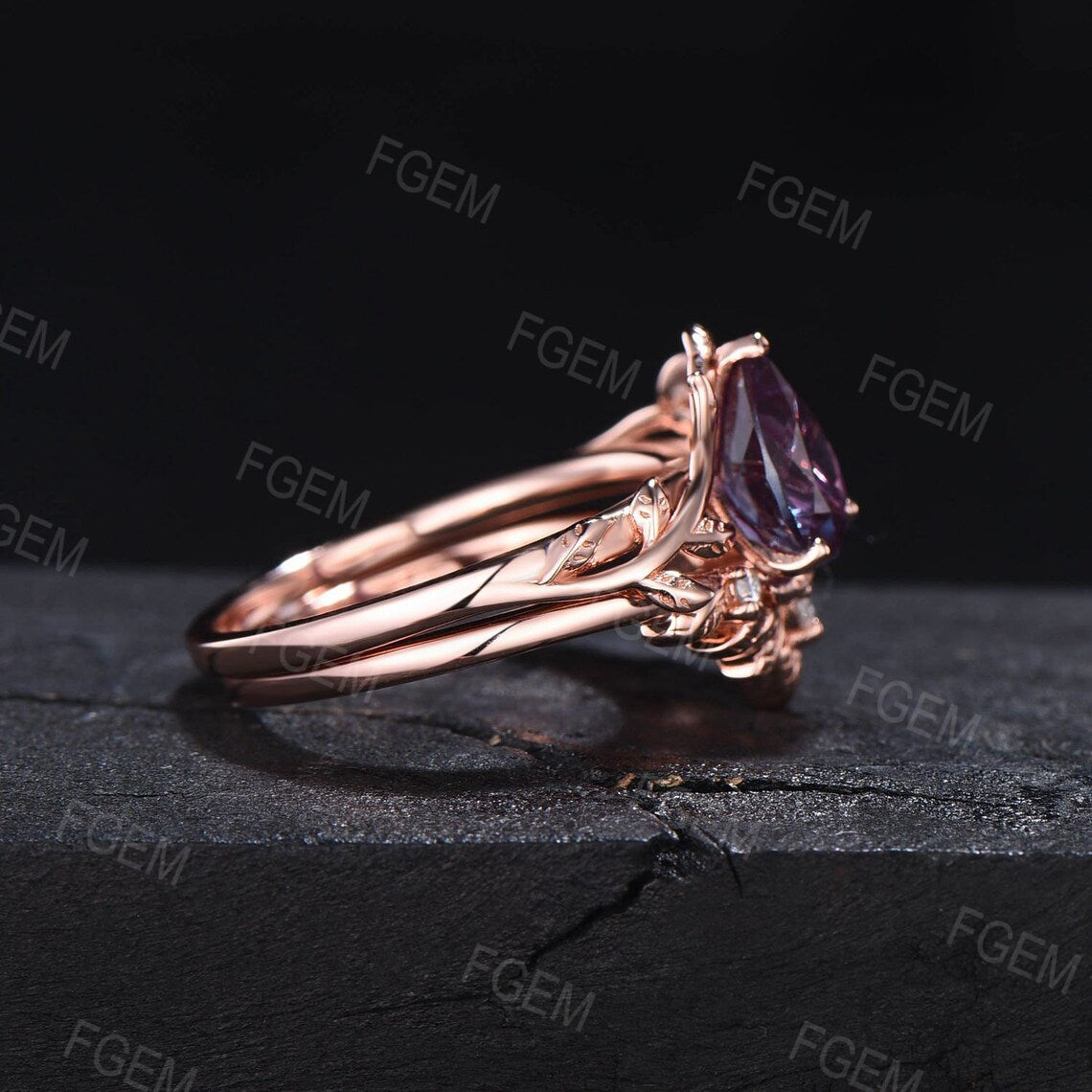 Branch Style Alexandrite Engagement Ring Set 14k Rose Gold 1.25ct Pear Cut Alexandrite Moissanite Solitaire Ring Leaf Nature Wedding Ring