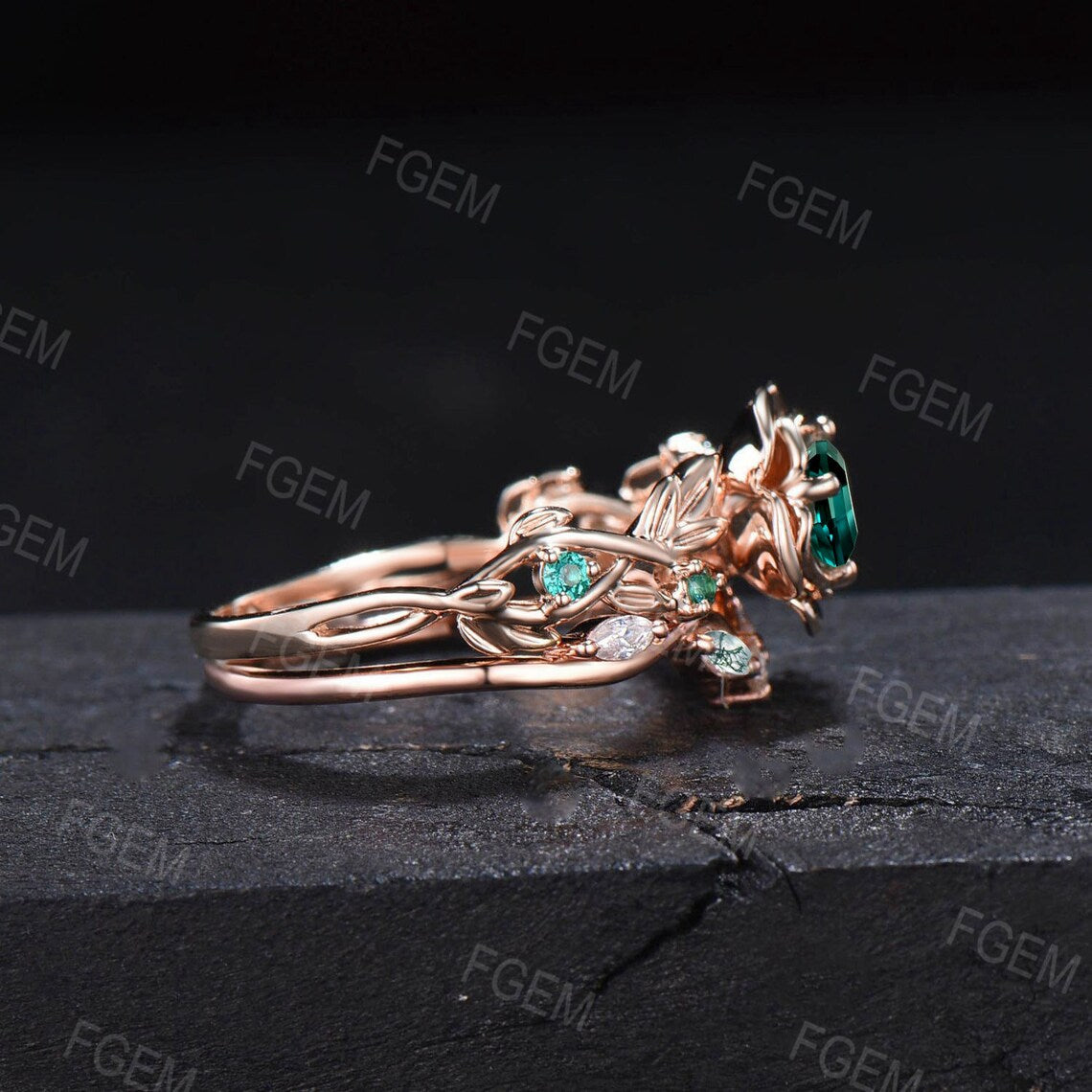 Rose Flower Shaped Ring 5mm Round Green Emerald Wedding Ring Set 10K Rose Gold Nature Inspired Floral Moss Agate Emerald Ring Promise Gift