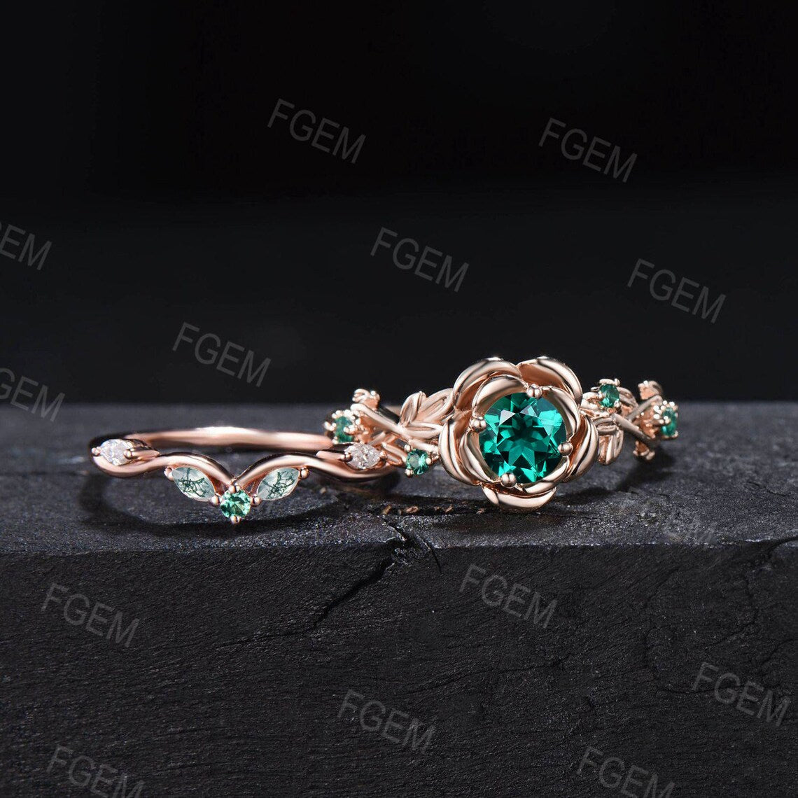 Rose Flower Shaped Ring 5mm Round Green Emerald Wedding Ring Set 10K Rose Gold Nature Inspired Floral Moss Agate Emerald Ring Promise Gift