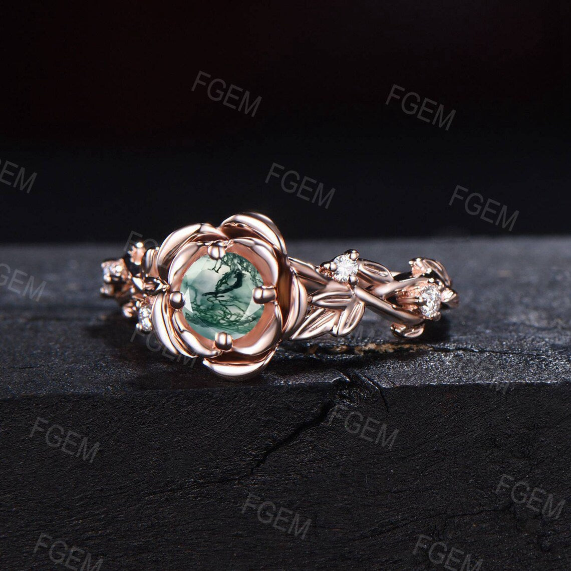 Nature Inspired Ring,Moss Rose Flower Engagement Ring,Leaf Branch Ring,Round Moss Agate ,14K Rose Gold Twig Flower Ring,Women Wedding Ring