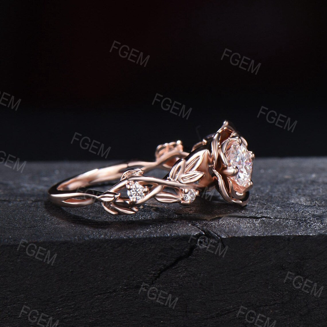 Nature Inspired Rose Flower Engagement Ring 5mm Round Cut Moissanite Wedding Ring for Women 10K/14K/18K Rose Gold Twig Leaf Branch Floral Ring