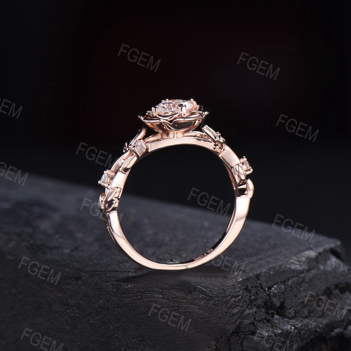 Nature Inspired Rose Flower Engagement Ring 5mm Round Cut Moissanite Wedding Ring for Women 10K/14K/18K Rose Gold Twig Leaf Branch Floral Ring