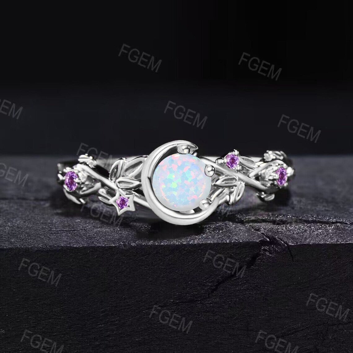 Nature Inspired Moon Star Design Amethyst Opal Engagement Ring Sterling Silver 5mm Round Fire Opal Ring Branch Leaf Amethyst Wedding Rings