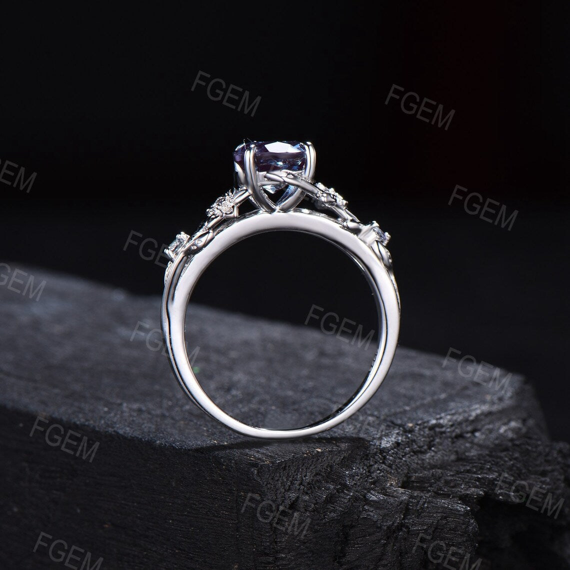 Nature Inspired Flower Color-Change Alexandrite Engagement Ring 1ct Round Branch Cluster Alexandrite Floral Wedding Ring Unique Promise Gift