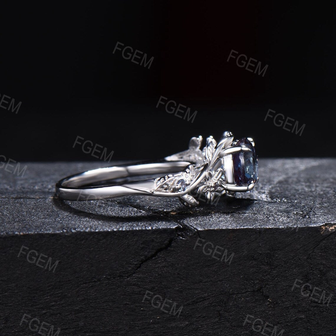 Nature Inspired Flower Color-Change Alexandrite Engagement Ring 1ct Round Branch Cluster Alexandrite Floral Wedding Ring Unique Promise Gift