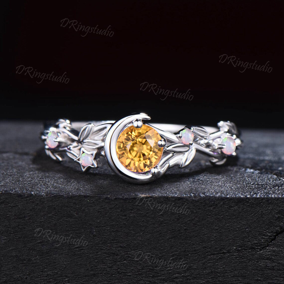 5mm Nature Inspired Natural Yellow Sapphire Opal Engagement Ring 14K Gold Moon Star Design Round Yellow Sapphire Ring Branch Leaf Wedding Rings