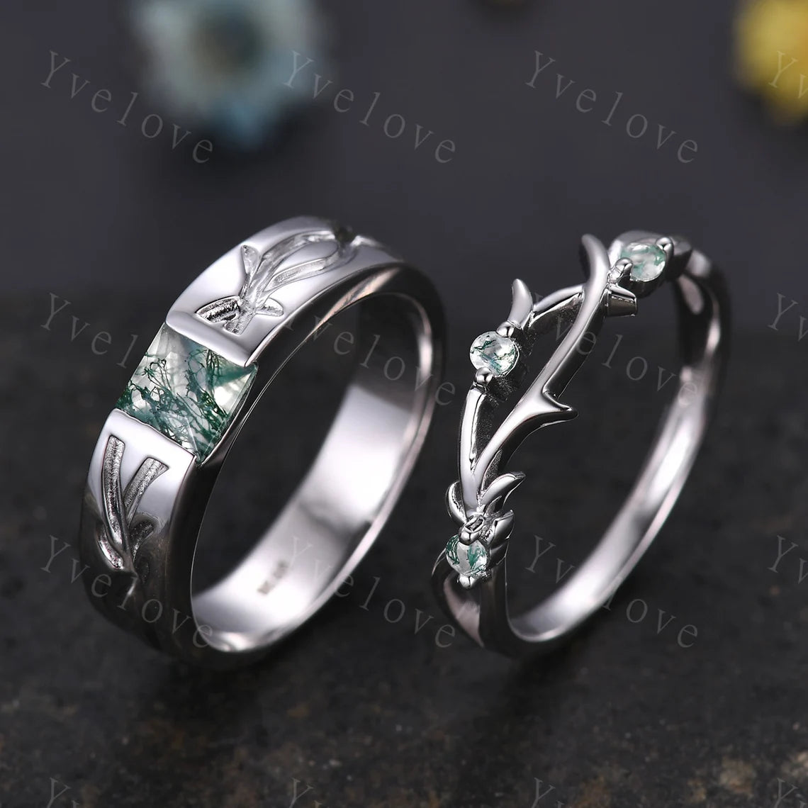 Sterling Silver Moss Agate & Twig Couples Rings Set- His & Hers Wedding Bands