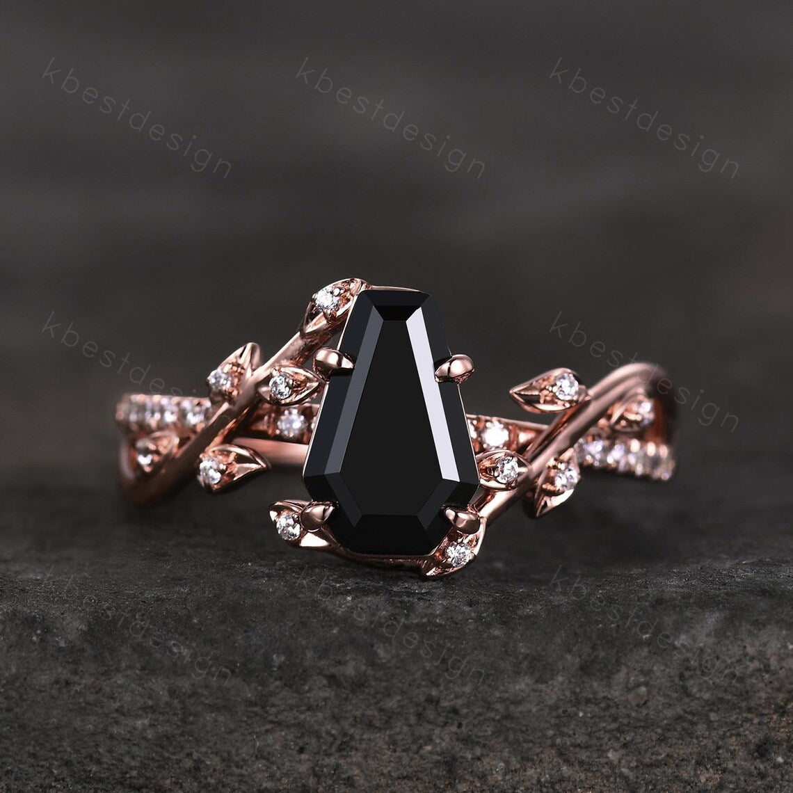 Coffin cut black onyx engagement ring Rose gold ring Art deco twig leaf moissanite wedding ring nature inspired ring bridal promise ring