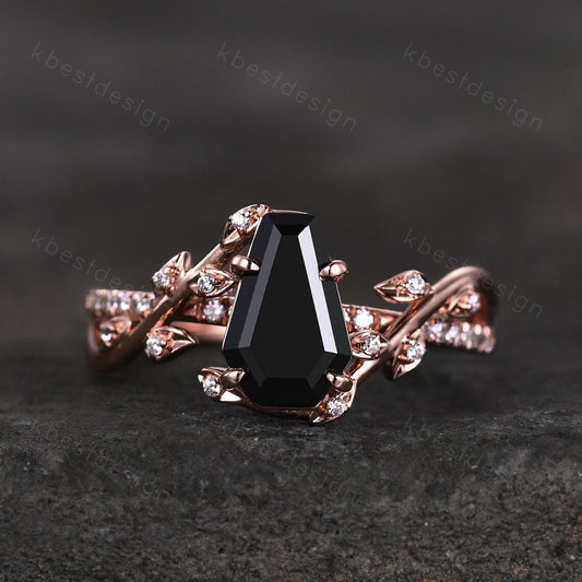 Coffin cut black onyx engagement ring Rose gold ring Art deco twig leaf moissanite wedding ring nature inspired ring bridal promise ring