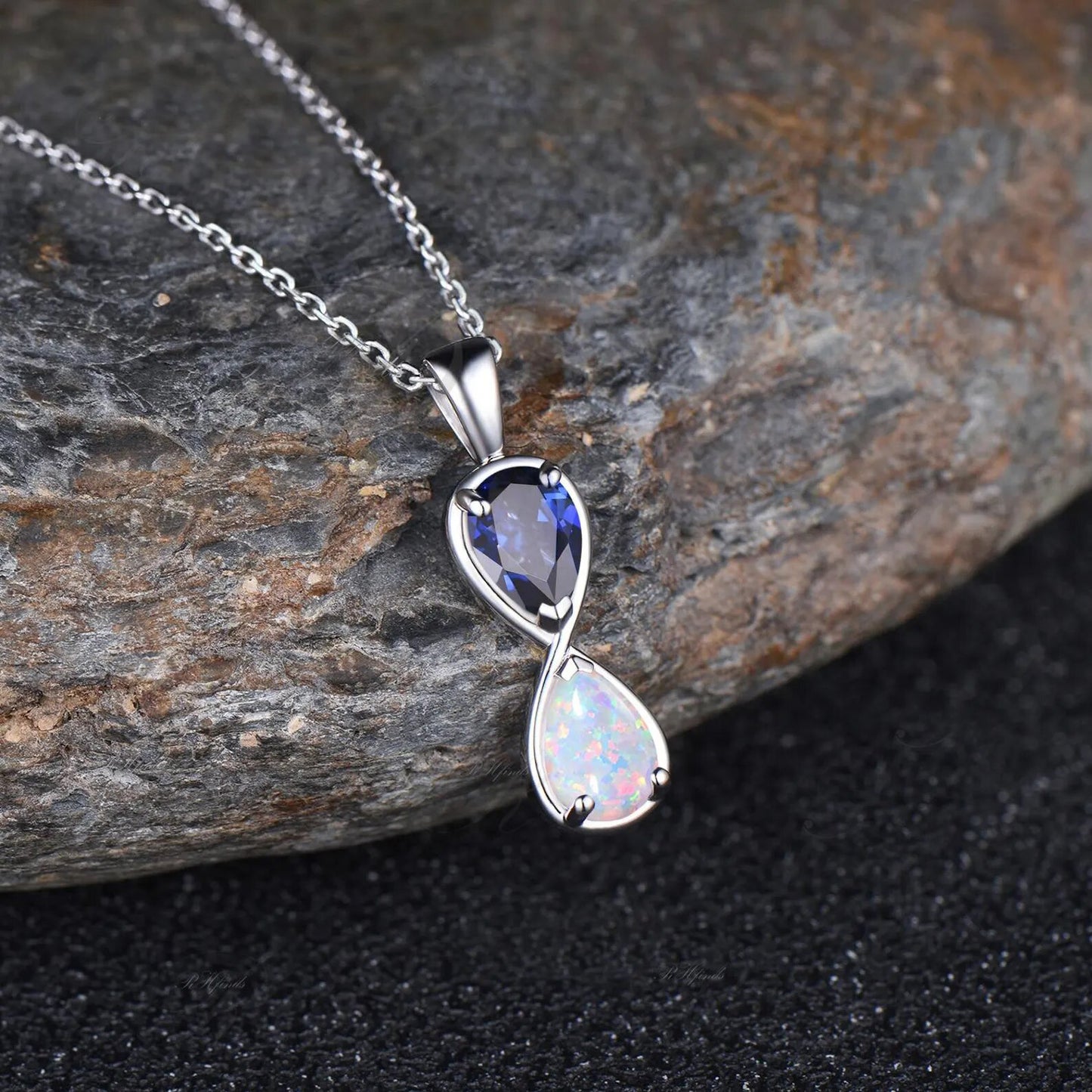 Unique Pear Cut Blue Sapphire Necklace Minimalist Teardrop Opal Necklace Art Deco Two Stone Pendant Toi et Moi Necklace