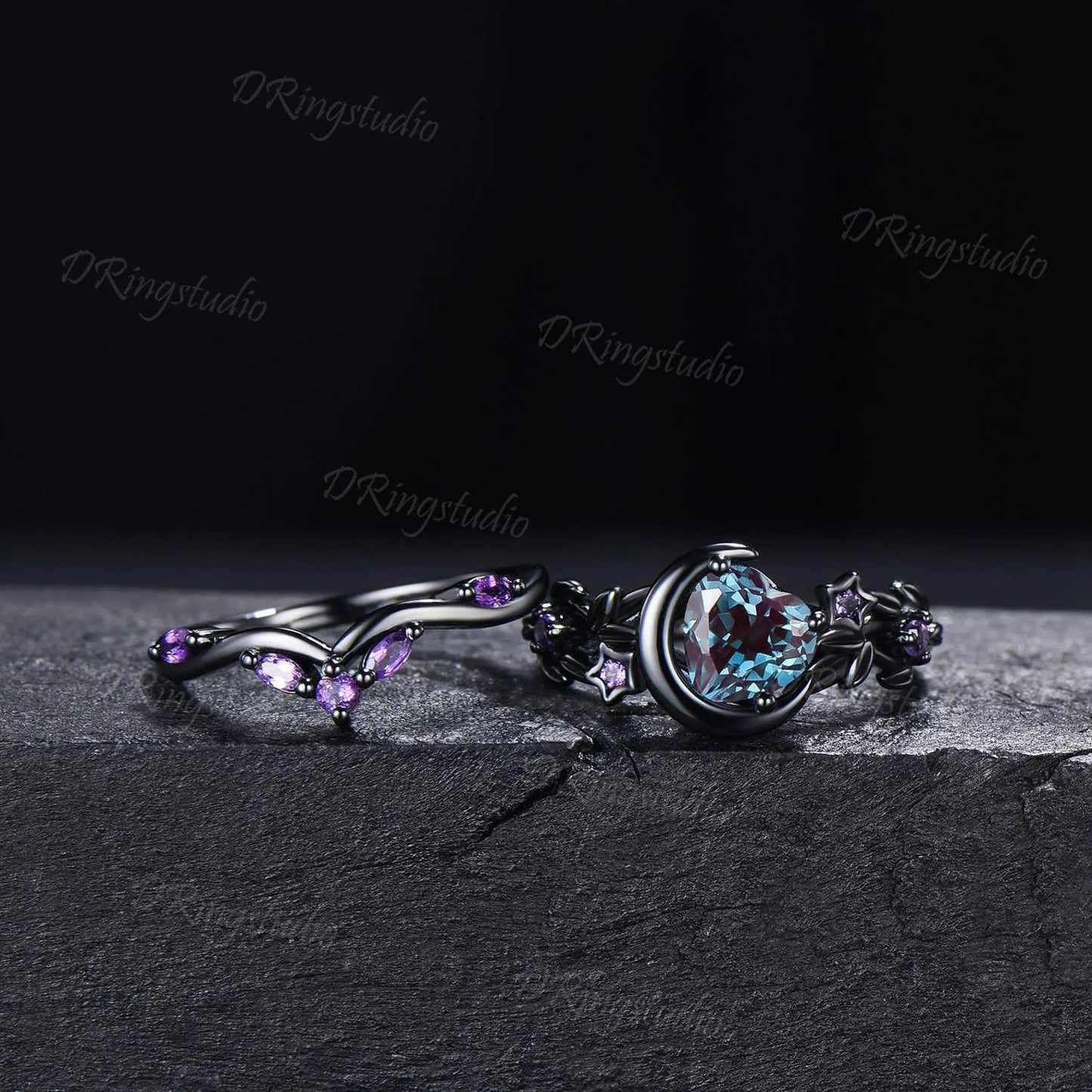 Heart Color Change Alexandrite Engagement Ring Set Moon Star Celestial Black Twig Branch Amethyst Wedding Ring June Birthstone Proposal Gift