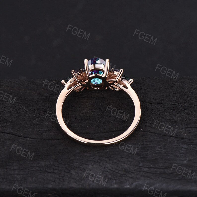 1.5ct Oval Cut Color-Change Alexandrite Cluster Engagement Rings 10K Rose Gold Vintage Marquise Moss Agate Wedding Ring June Birthstone Gift