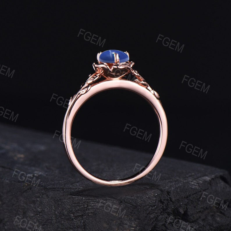 Rose Flower Engagement Ring Round Blue Star Sapphire Wedding Ring Floral Blue Star Ring Nature Inspired Leaf Blue Sapphire Ring Unique Gifts