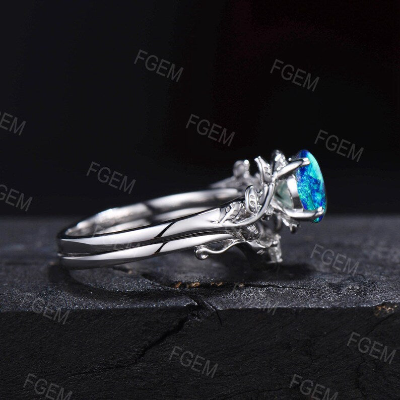 10K White Gold 1ct Round Cut Leaf Blue Fire Opal Emerald Engagement Ring Set Moss Agate Wedding Ring Twig Nature Inspired Opal Promise Ring